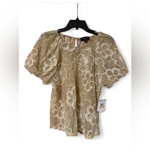 Laundry By Shelli Segal Beige Floral Lace Puff-Sleeve Blouse